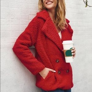 Red Faux Sherpa Pocket Peacoat